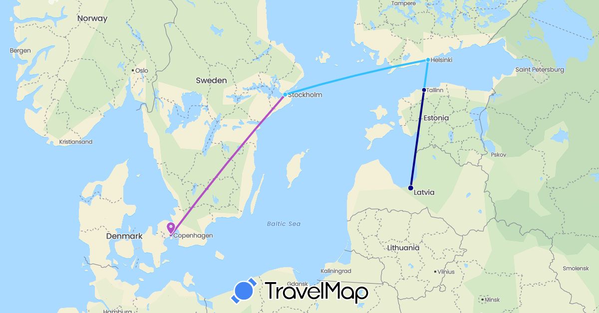 TravelMap itinerary: driving, train, boat in Denmark, Estonia, Finland, Latvia, Sweden (Europe)
