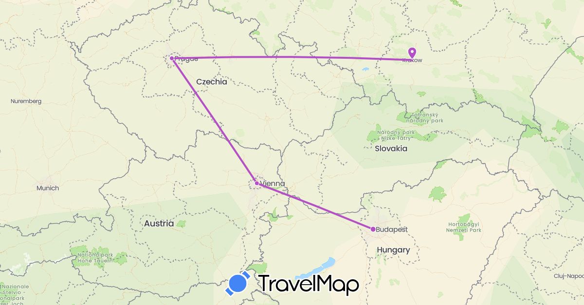 TravelMap itinerary: bus, train in Austria, Czech Republic, Hungary, Poland (Europe)